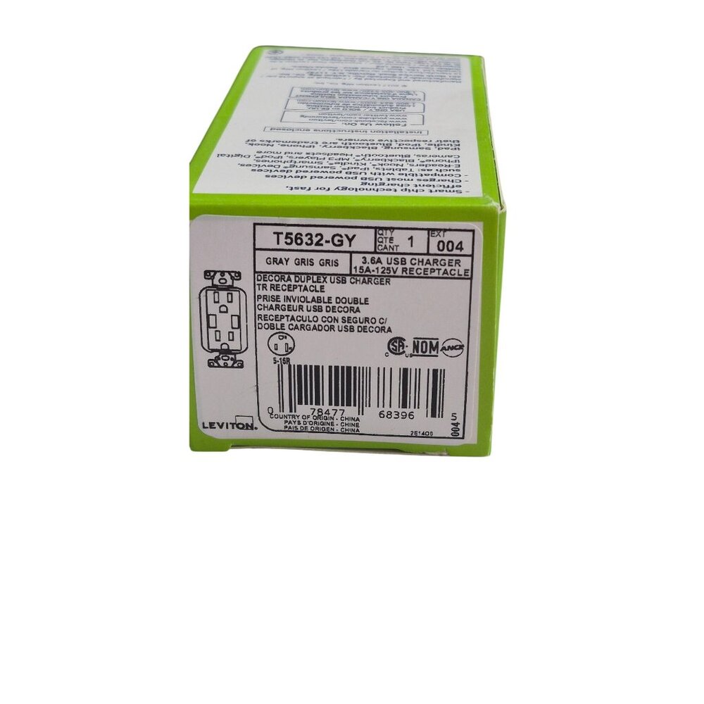 Leviton Residential Duplex USB Charger T5632-GY Gray 15A/125V - Picture 2 of 6